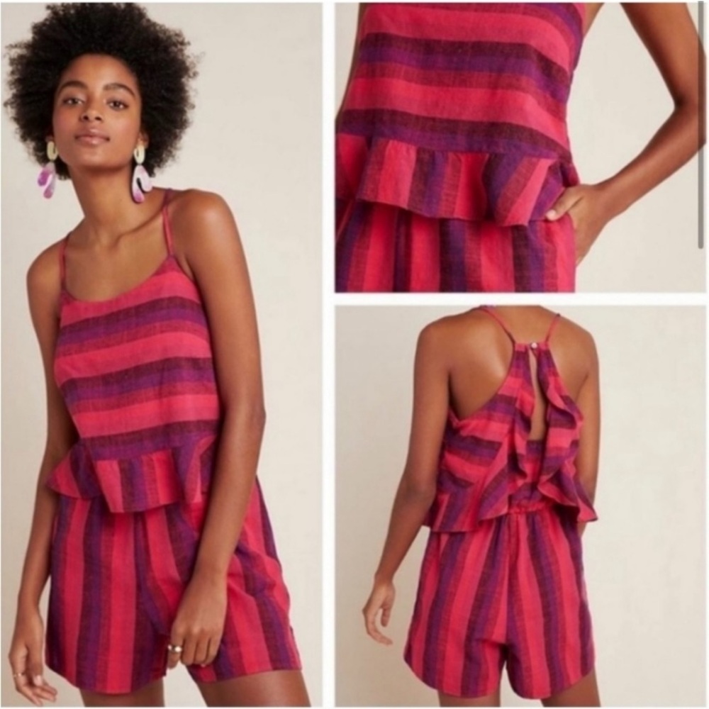 Anthropologie Amadi Linen Blend Striped Romper Red, Pink, Purple Size Medium
